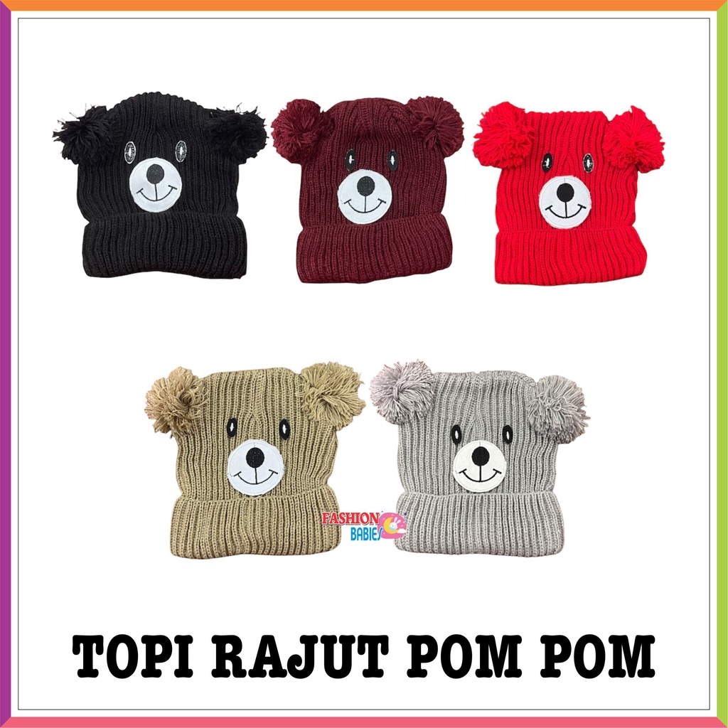 ❤ Fashionbabies ❤ TOPI RAJUT POMPOM BEAR SALUR / KUPLUK BAYI / TOPI RAJUT ANAK HANGAT