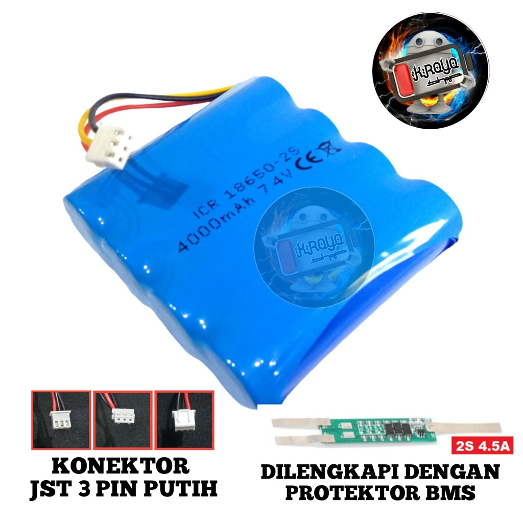 Baterai Speaker/RC/Mainan Anak &amp; Elektronik Lainnya 4X 18650-2S 4000mAh 7.4V Protektor BMS 4.5A Konektor JST 3 PIN