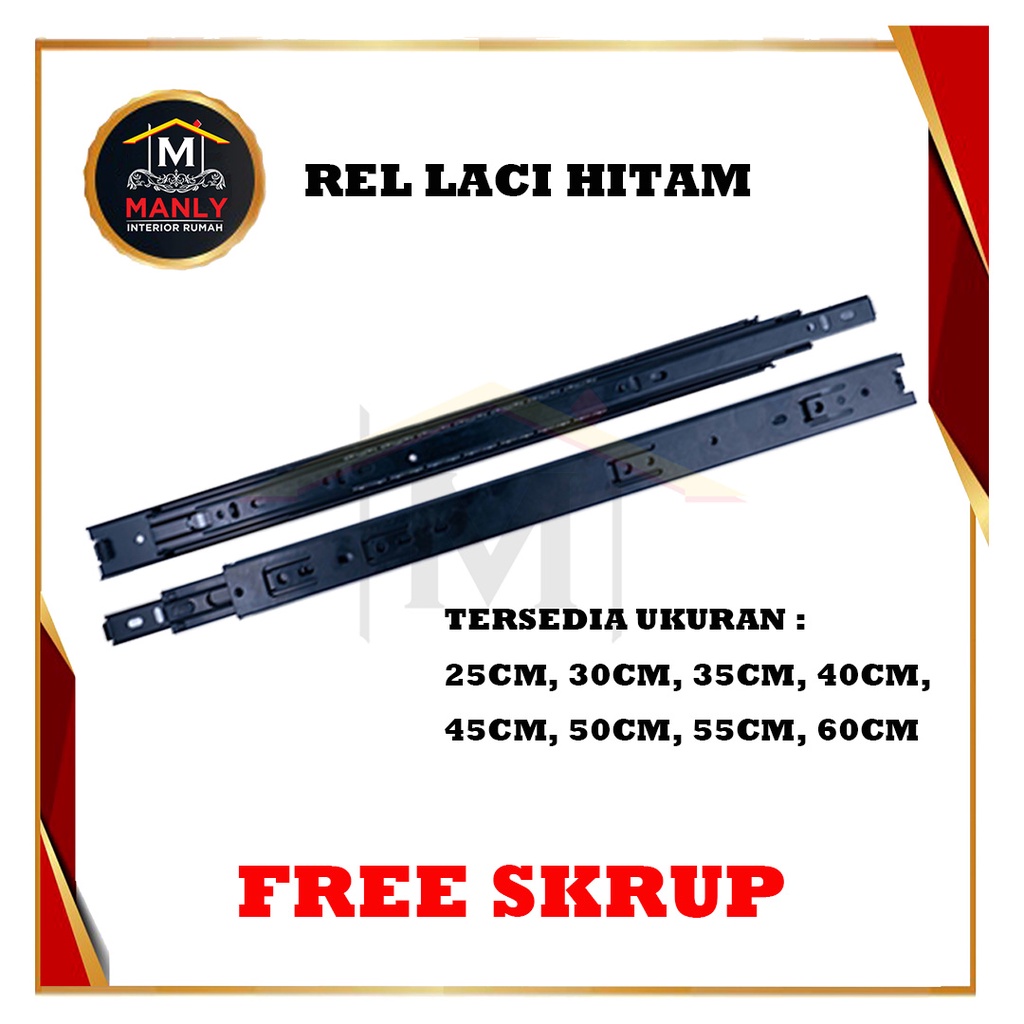 Rel Laci (Hitam) 40 Cm 1 set (2 pcs)  Double Track Mapla Full Extention 3,5cm ( 2x Tarik) Free Skrup