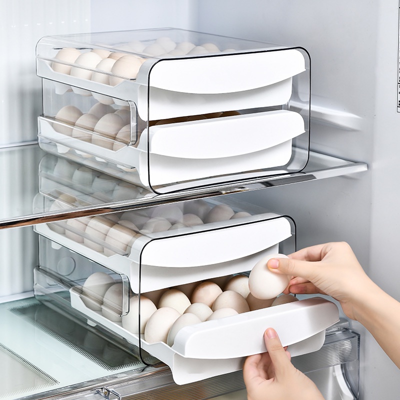 Tempat Telur 2 Tingkat Kotak Penyimpanan Telur Laci Double-Deck Home Egg Box Rak Transparan Rak Telur Rak Telur Kulkas