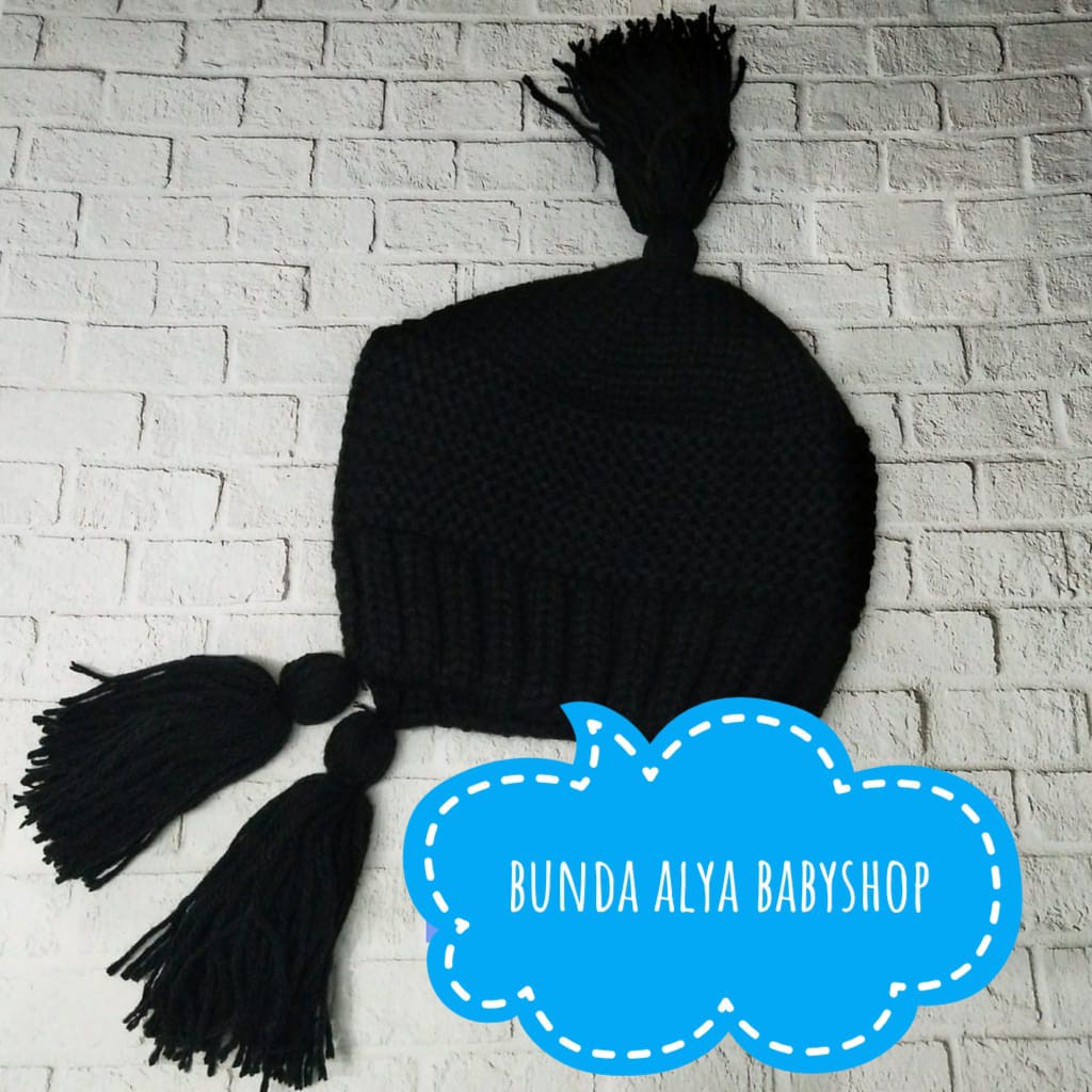 Topi Kupluk Anak Wol Bulu Kupluk Rumbai Rajut Hitam Import Untuk Usia 6bulan-4tahun Motif Polos Bahan Woll Halus