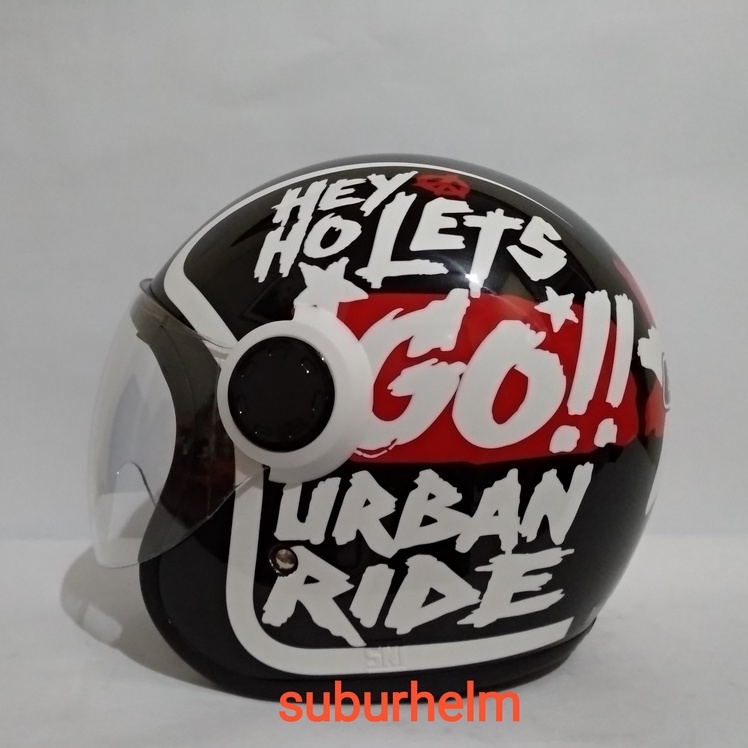 HELM GM VINT MOTIF  URBANRIDE  BLACK WHITE  HALF FACE  DOUBLE VISOR