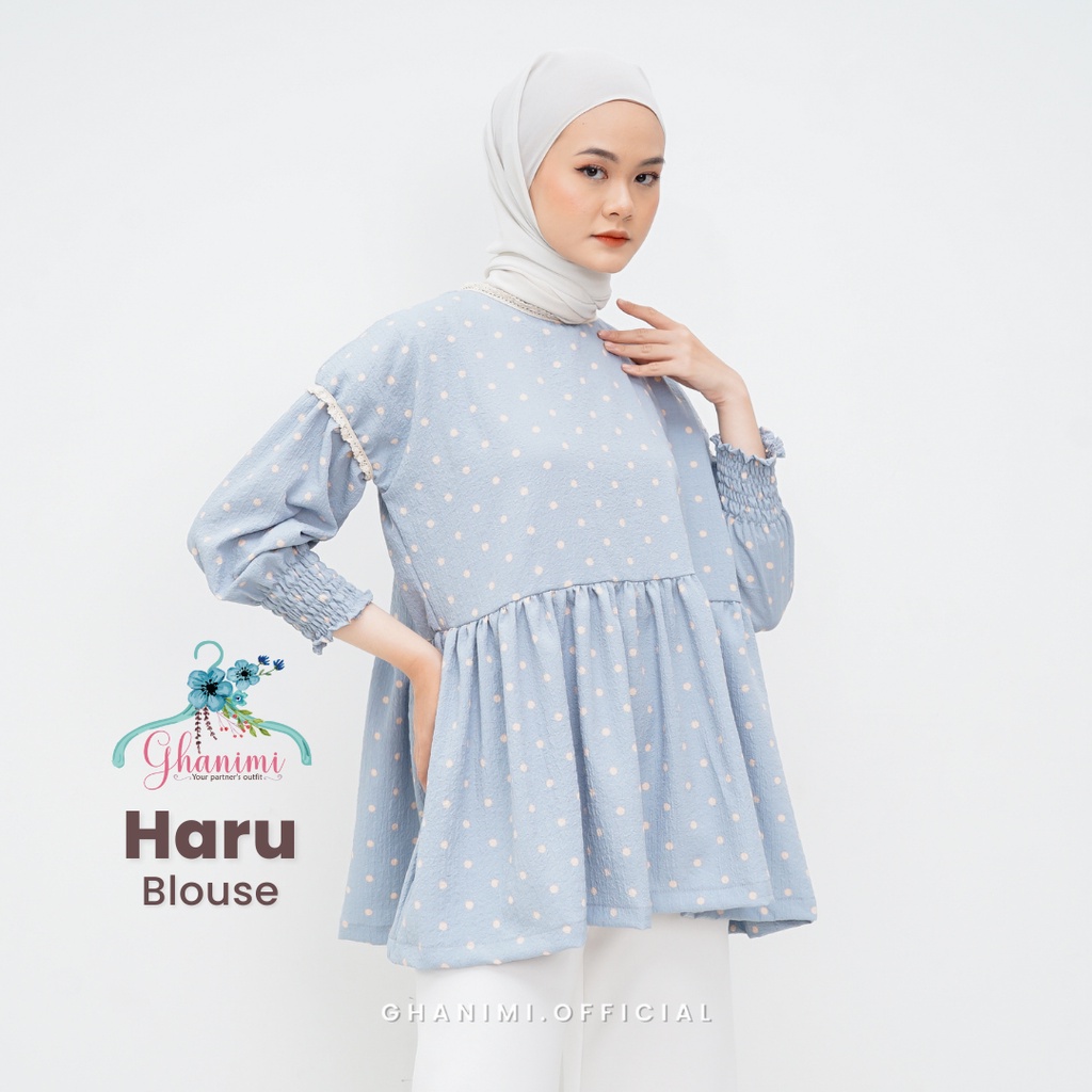 Ghanimi - Haru Blouse / Blouse Polkadot / blus motif ruffle / atasan kerja casual formal daily / atasan unik korean style / blus lengan karet wudhu friendly