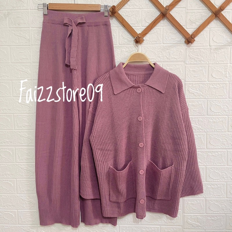 One set Stelan Celana Kulot Wanita / Keyra Oversize Cardigan Rajut Kancing Wanita