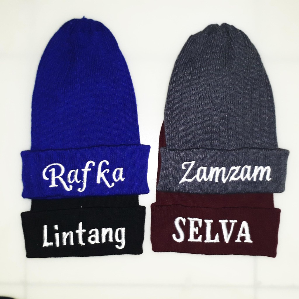 Bordir nama beanie hat kupluk spandex custom nama request bordir cetak nama