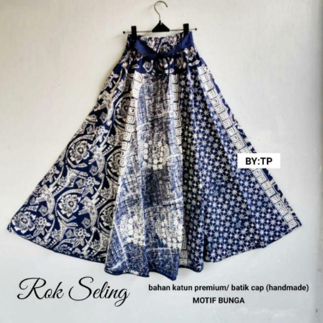 Rok Batik Cap Indigo Motif Seling Biru Kombinasi Bawahan Formal Wanita Casual Kantoran Katun Premium-Bunga