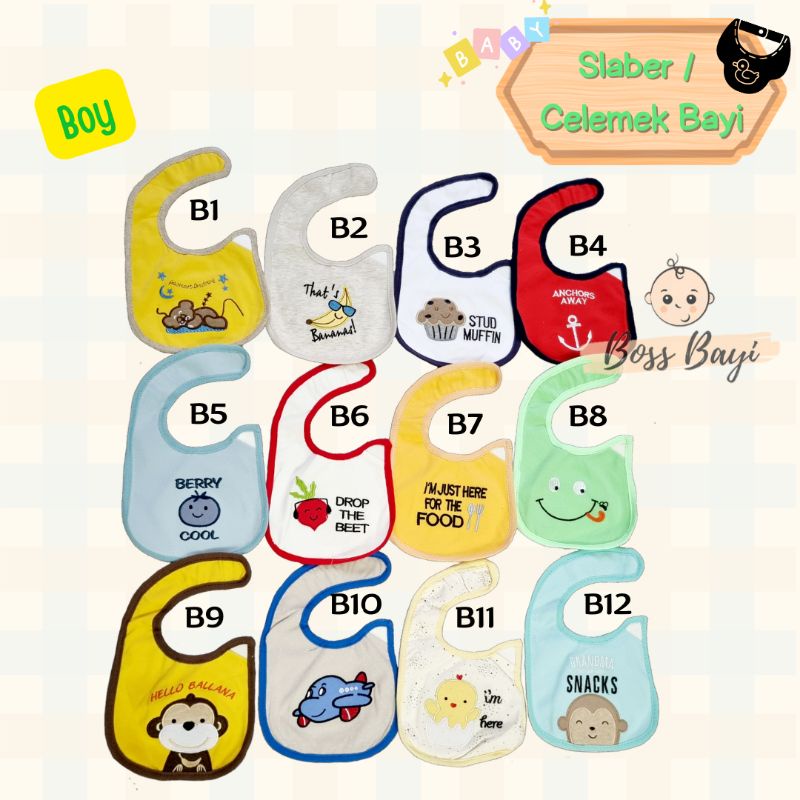 BOSS BAYI - Slaber / Celemek Bayi Bahan Kain Motif Bordir Model Perekat