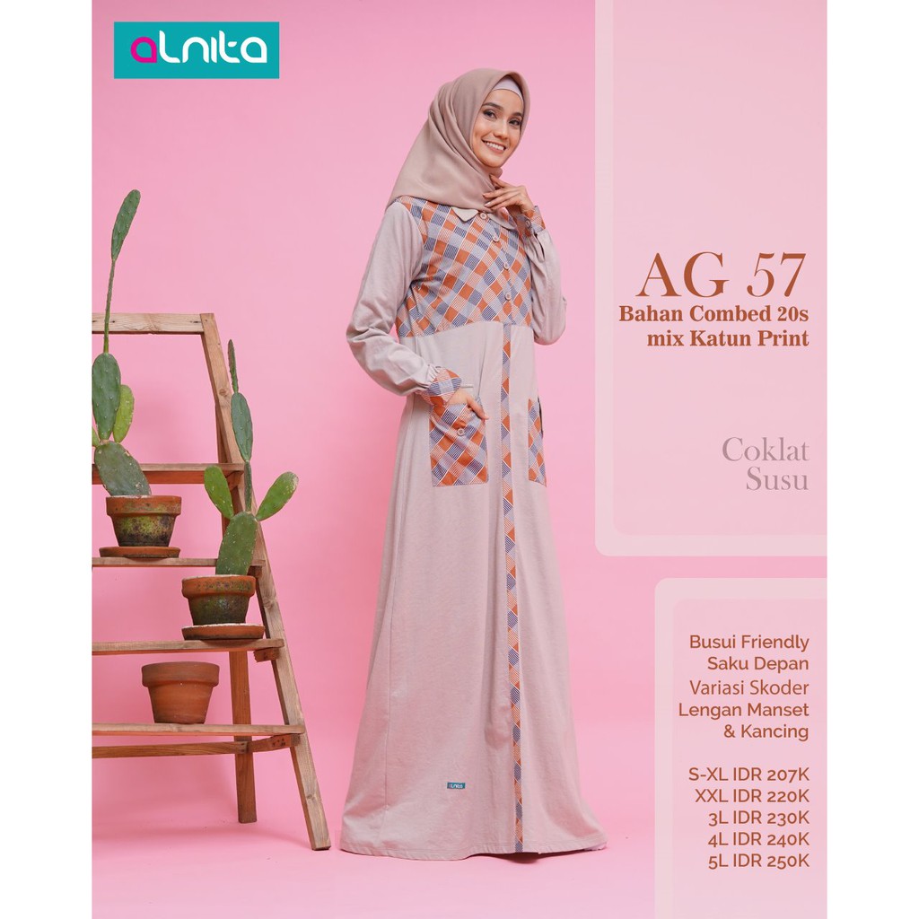 ALNITA AG 57 BAHAN COMBED MIX KATUN PRINT GAMIS WANITA MUSLIMAH COKLAT SUSU HIJAU ARMY