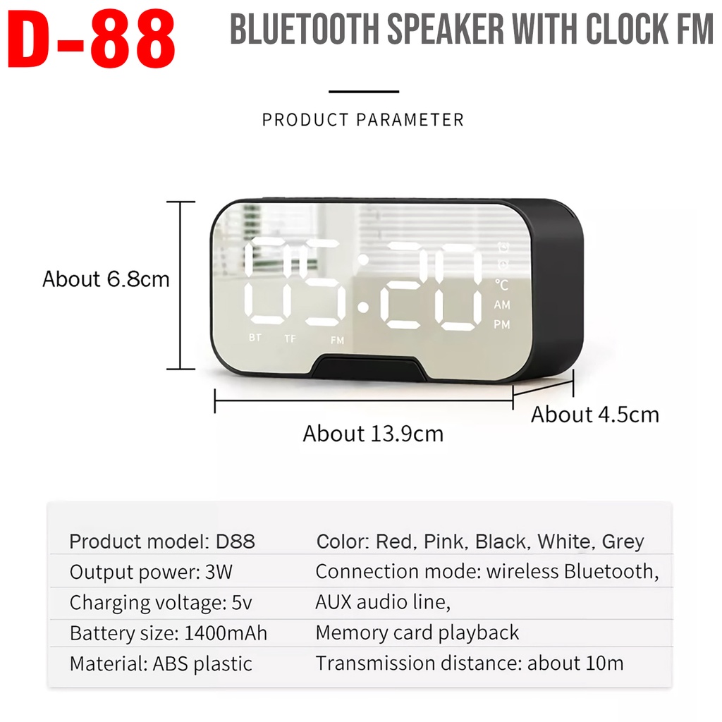 Speaker Bluetooth FM Jam Alarm LED Display Clock - Ultra Bass D88