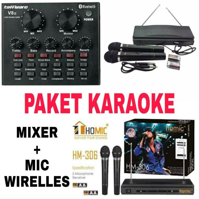 Mixer Amplifier Mini Paket Mic Wireless Karaoke Tafstudio V8+