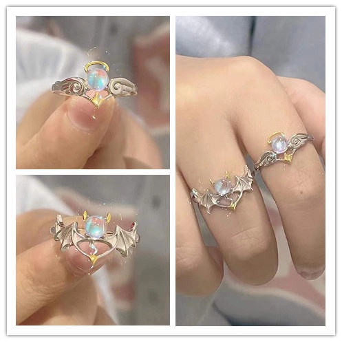 Cincin Model Terbuka Desain Malaikat Demon Moonstone Gaya retro Untuk Wanita