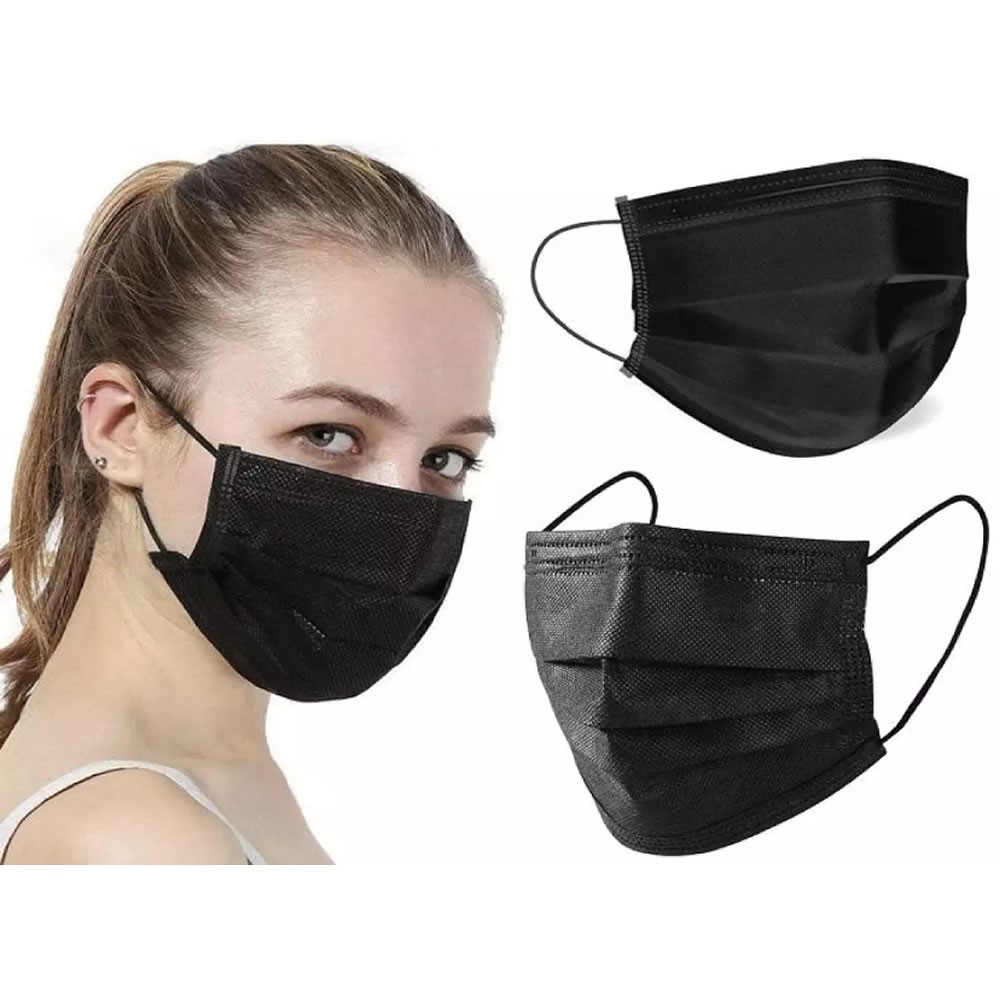 Masker 3Ply Hitam 1 Box Isi 50 Pcs / Masker Medis Bedah 3 Ply Earloop Surgical Disposable Face Mask