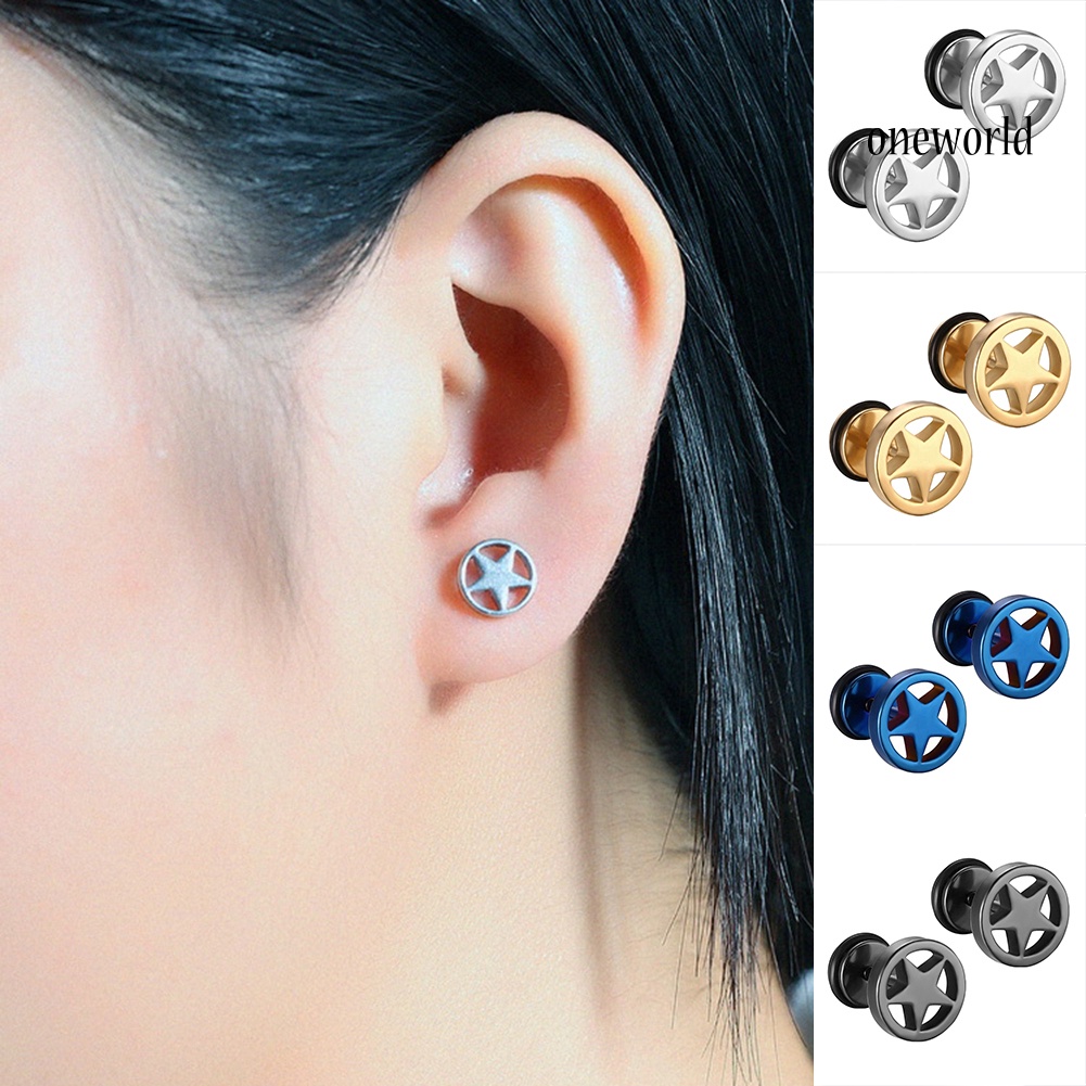 OW@ Women Men Couple Stainless Steel Hollow Star Barbell Earrings Punk Ear Studs