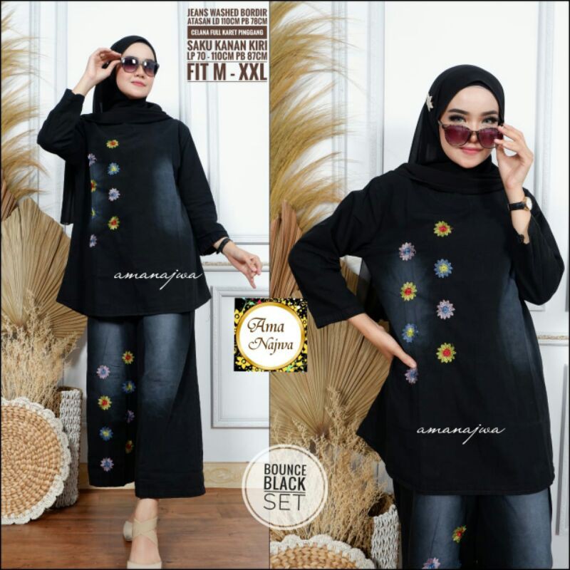 Bounce black set setelan wanita blouse dan kulot jeans bordir ori