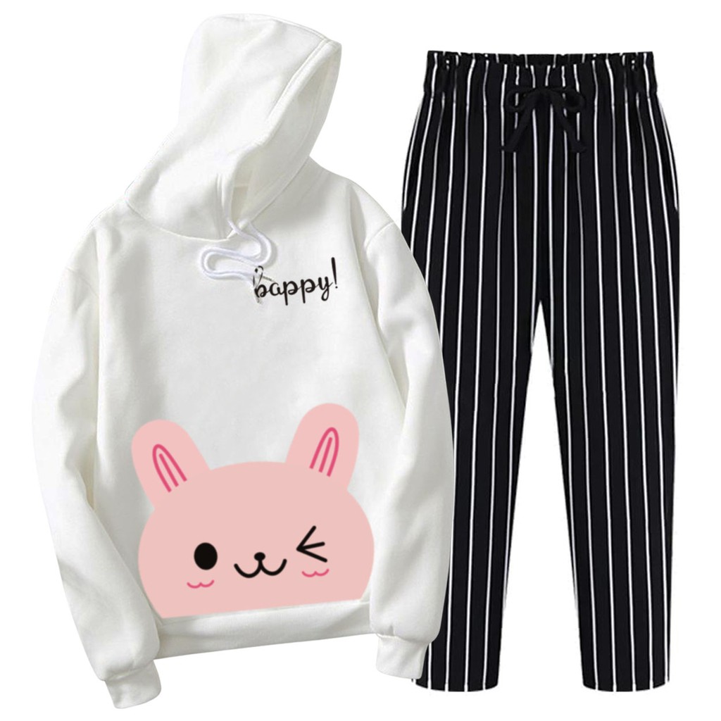 BESS - Setelan Hoodie Wanita Murah / Setelan Hoodie + Celana Salur Hitam - HAPPY CAT