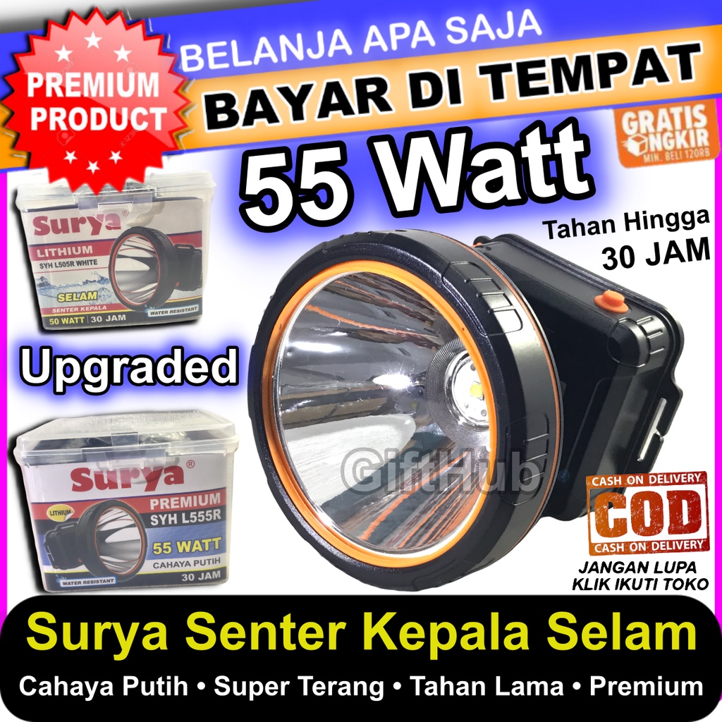 Surya Senter Kepala Nyelam Selam 50w / 55W 50 Watt 55 Watt Super LED SYH L505R atau L555R Baterai Li