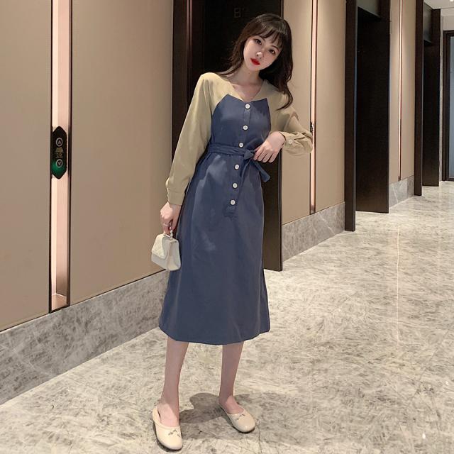 Gaun Casual Wanita Model Stitching Lengan Panjang dengan Gaun Casual Wanita Model Stitching Lengan Panjang dengan