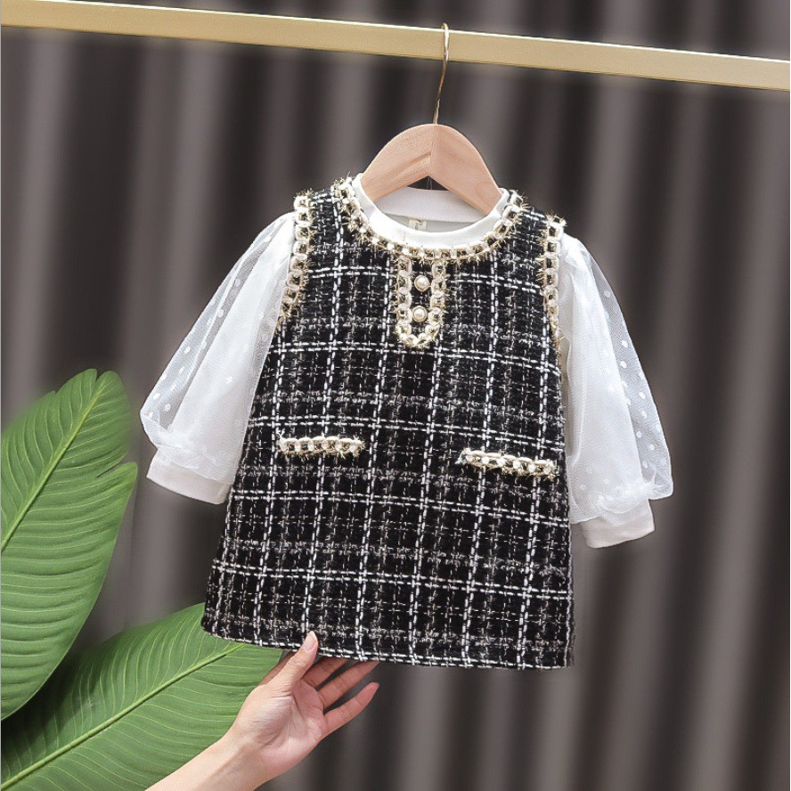 DK30- Dress bayi /baju dress anak /pakaian bayi anak perempuan lengan motif renda kotak kualitas premium