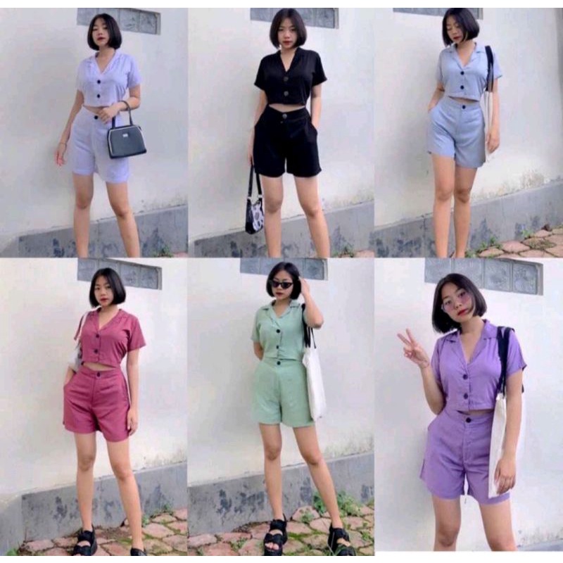 Setelan Crop Kancing Celana Pendek Polos Rayon Bali FIT TO XL