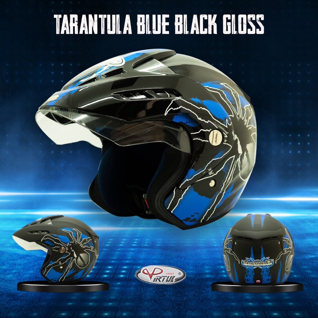 VIRTUE Helm Motor SNI Half Face Tarantula Blue Black Gloss