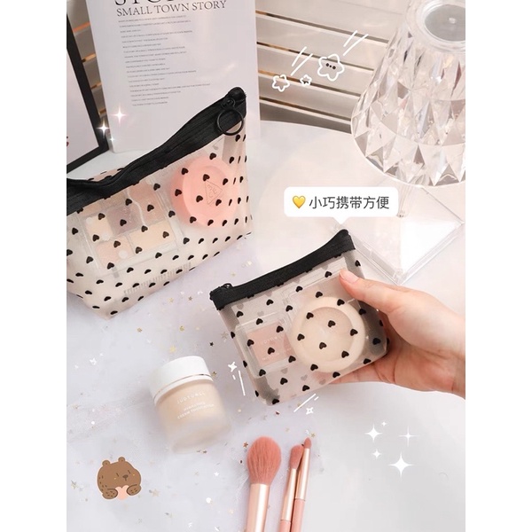 LOVE DOTS TRAVEL MAKE UP POUCH / TRANSPARAN POUCH MOTIF LOVE / TAS SERBAGUNA / TAS MAKE UP PREMIUM