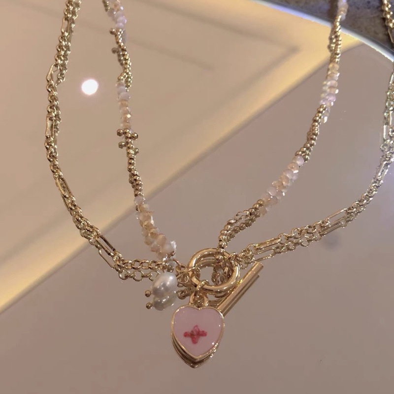 Kalung Rantai Dengan Liontin Hati / Bunga Peach Pink Ala Perancis Untuk Wanita