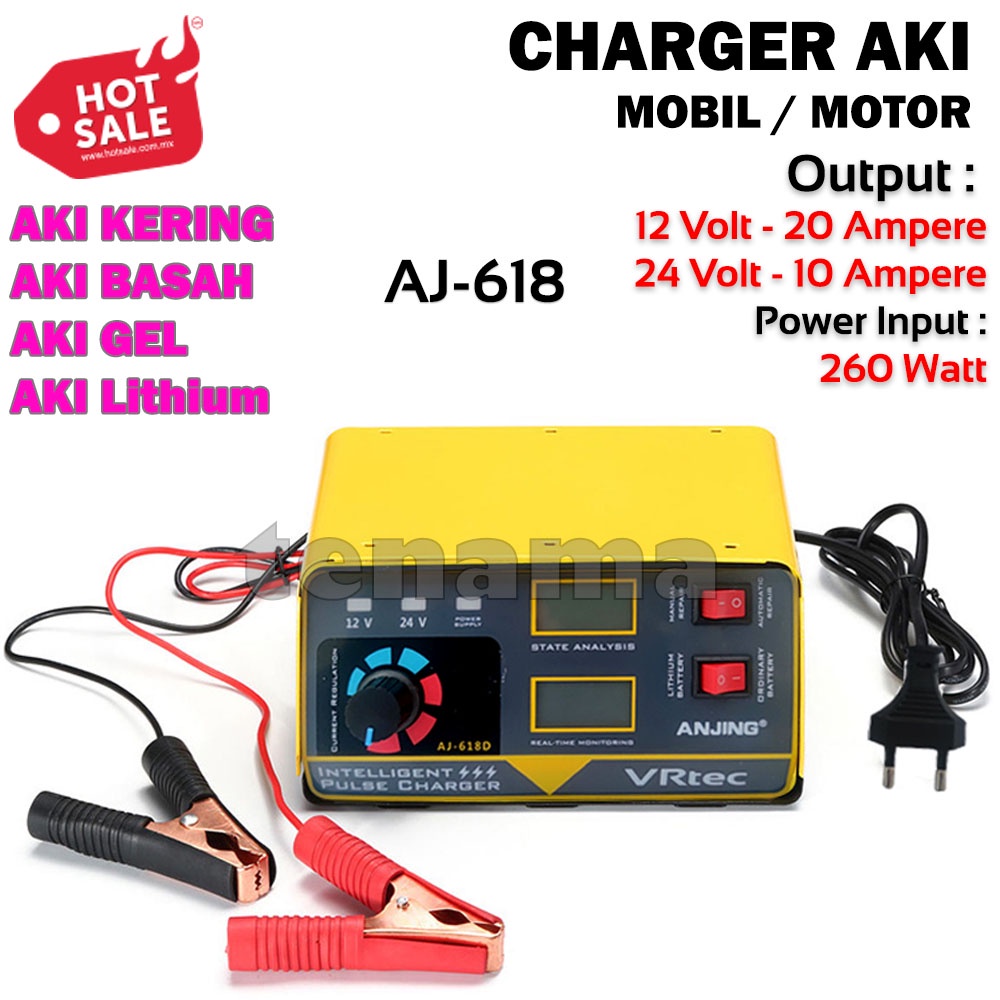 VRtec Charger Aki AJ-618D 12V/24V 400AH 260W + LCD Mobil Motor