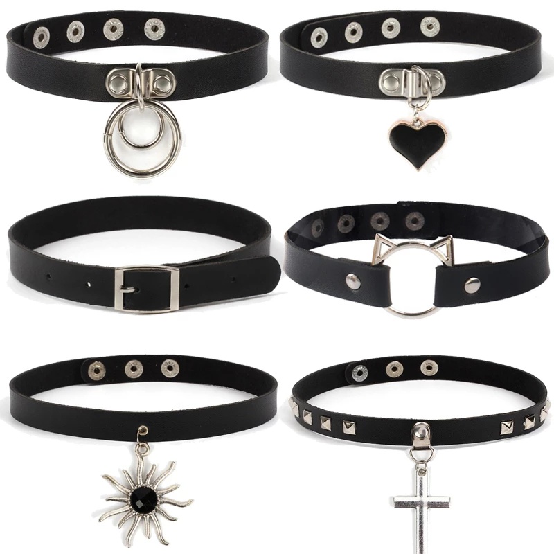 Multi-style Black Punk Alloy Charm Leather Vintage Choker/ Hip Hop Personality Heart Cross Rivet Necklace