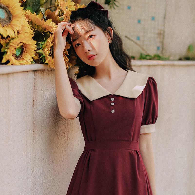 [littlecrab] Dress Collar With Pearl Gaun Wanita Panjang Lengan Pendek Two Tone Color Maroon Hitam Simple Berkualitas Dress Berkerah Kasual Simply Korean Style