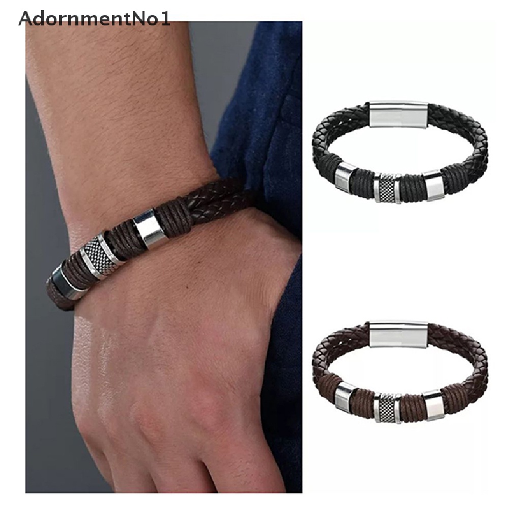 (AdornmentNo1) Gelang Tangan Tali Kulit Asli Multilayer Motif Anyam + Hollow Untuk Pria, Handmade