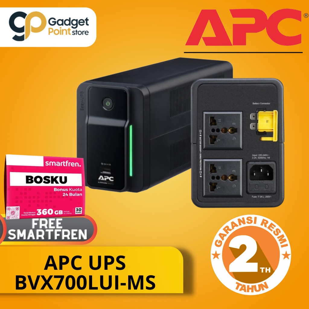 APC UPS BVX700LUI-MS AVR, USB Charging,Universal Sockets 360 W / 700VA - Garansi Resmi 2 Tahun