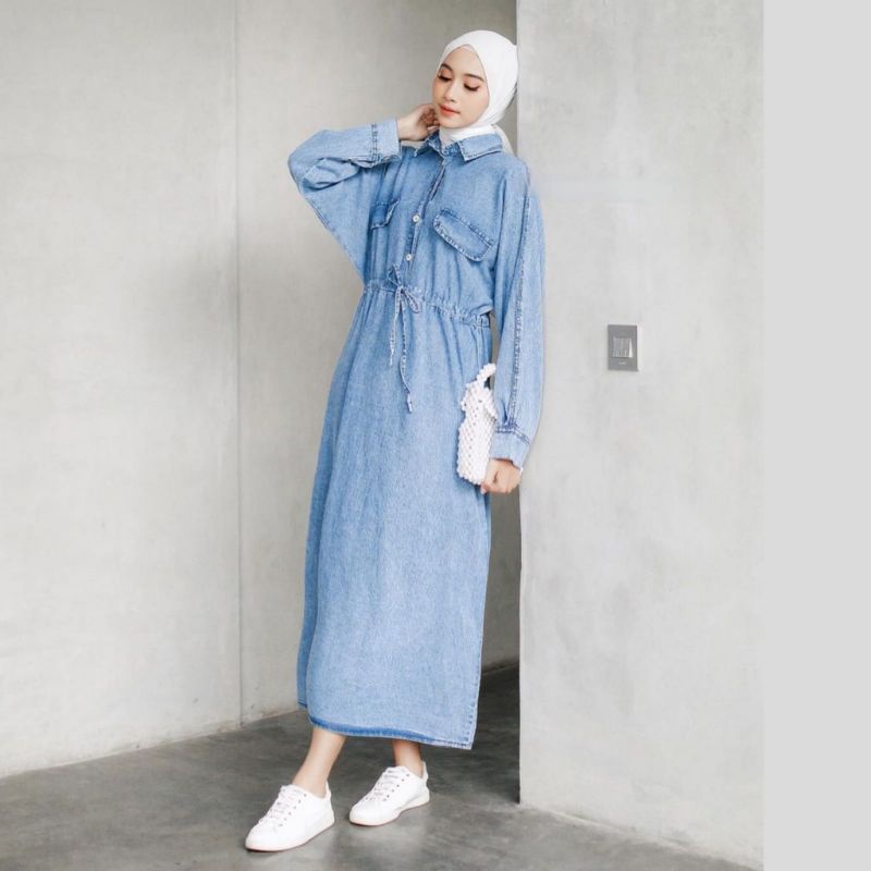 Gamis Midi Dress Jeans Varian Terbaru Amara Clara Channel Delise Fregga Fuji Hima Kiara Merchy Naura Natasya Stone Tokyo SS