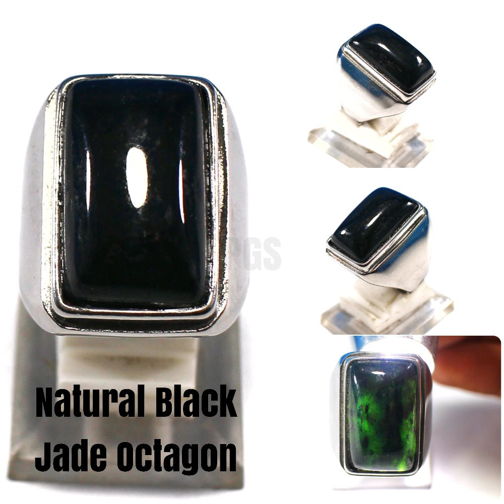 CINCIN BATU AKIK NATURAL BLACK JADE ACEH RING TITANIUM HITAM OCTAGON BIG SIZE MAKIN BERGAYA