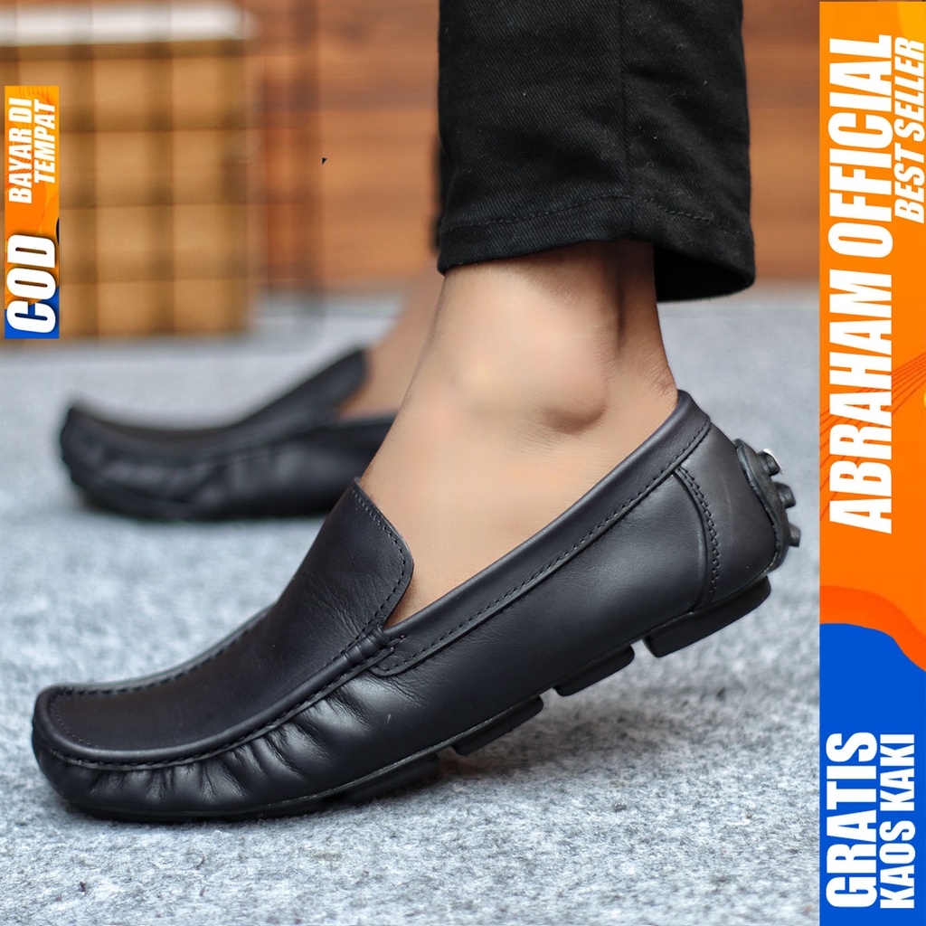 Sepatu Casual Pria Formal Slip On Pantofel Kulit Asli Kerja Kantor Kondangan Kuliah Hitam Fashion Shoes Terbaru Murah Kekinian Original GENIO ABRAHAM