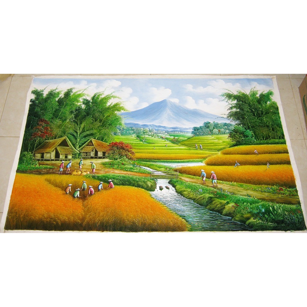 Lukisan Pemandangan Panen Padi Sawah Terasering Dengan Gunung Yang Lukisan Pemandangan Panen Padi Sawah Terasering Dengan Gunung Yang