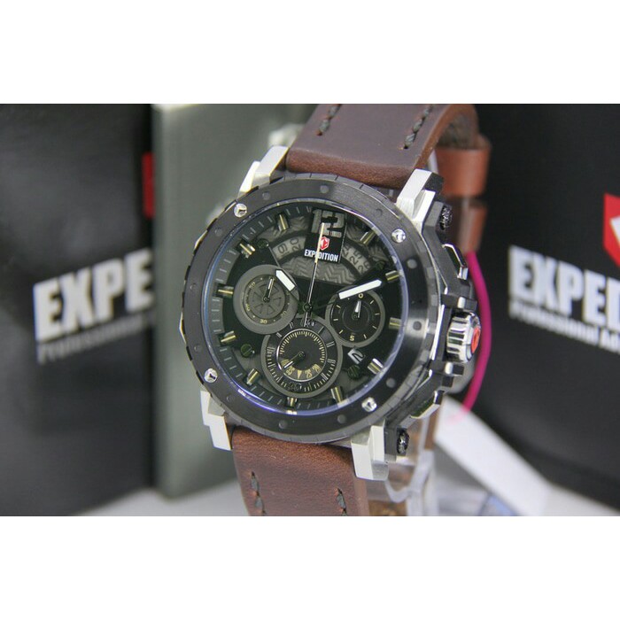 ORIGINAL JAM TANGAN JAM TANGAN EXPEDITION 6402 PRIA SILVER BLACK LEATHER BROWN ORIGINAL