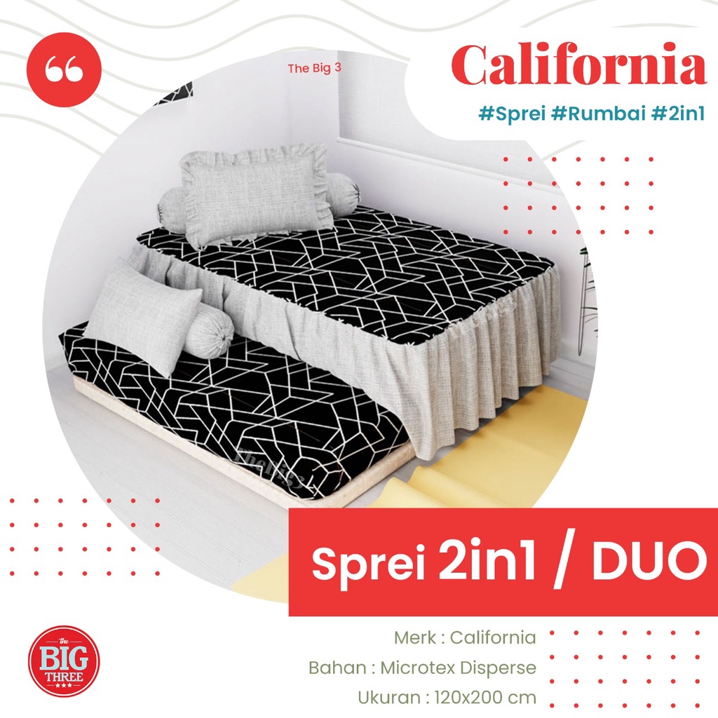 Sprei CALIFORNIA 2in1 DUO SORONG 120x200 motif Yellow Mickey Polka Metrico Mosaic Loop Ziggy Houndstooth Kaz Lexxa Orly Jasmine Blooming Marie Tropical Leaf Cat 120 SP DUO