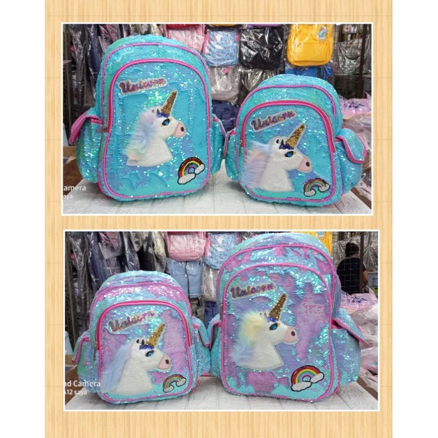 Tas Sequin Lampu Unicorn LoL Frozen / Tas Sekolah Anak TK SD / Ransel Sequin LED Unicorn LOL Frozen