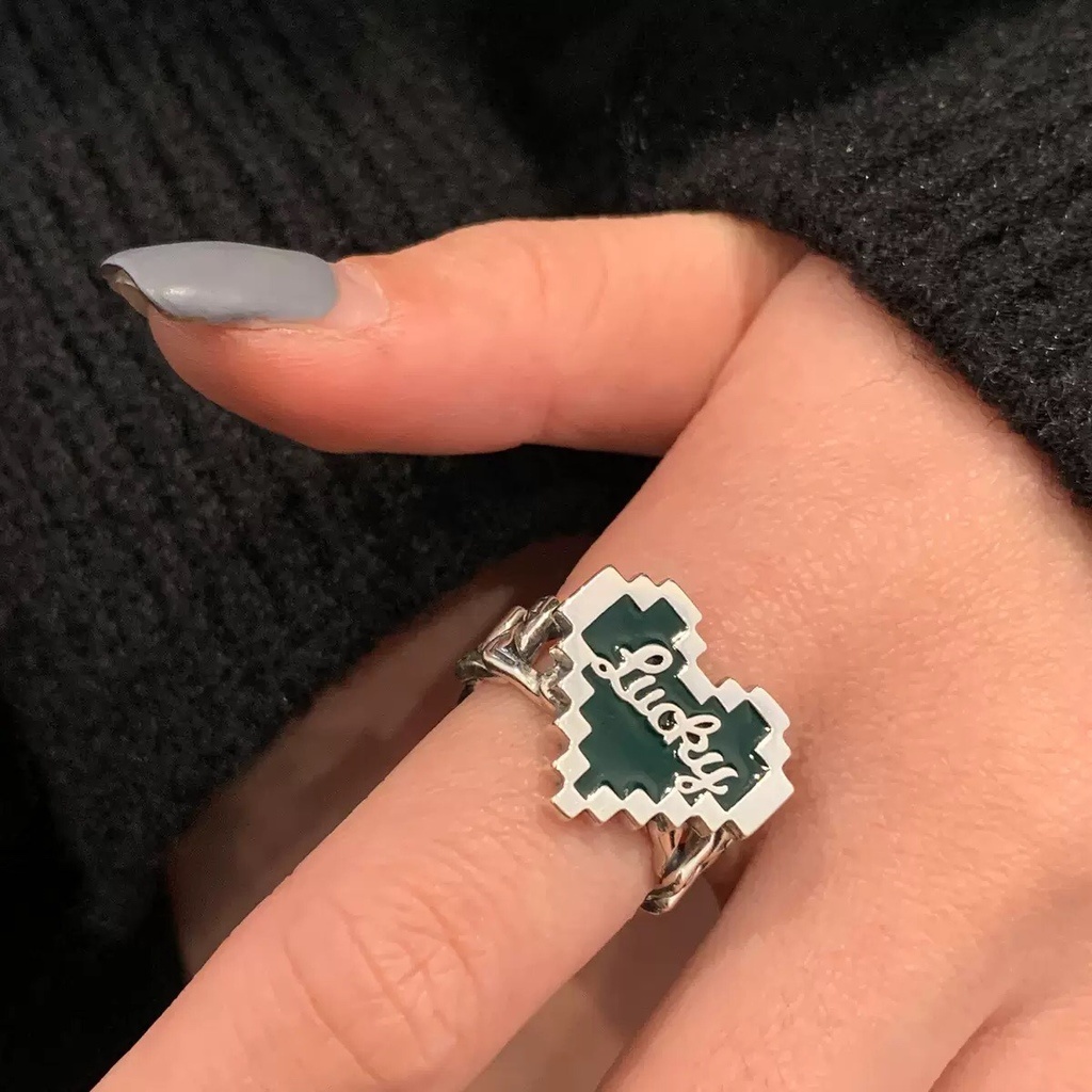 Cincin Model Terbuka Desain Mosaik Hati Warna Hijau Tua Metalik