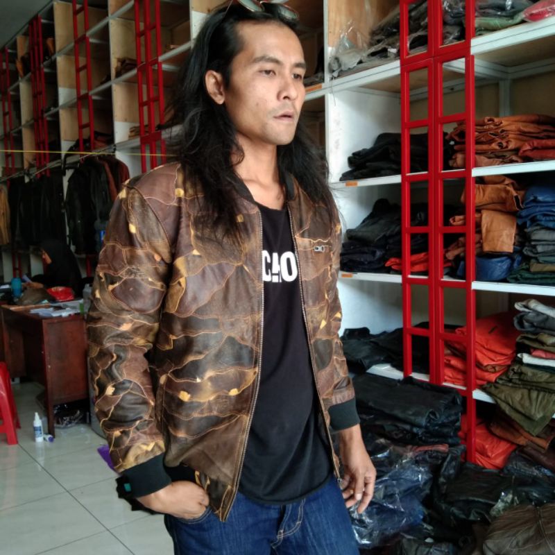 Bomber Batik, Jaket Pria Kulit Asli Domba Super Motif Sambung (ABRAG)