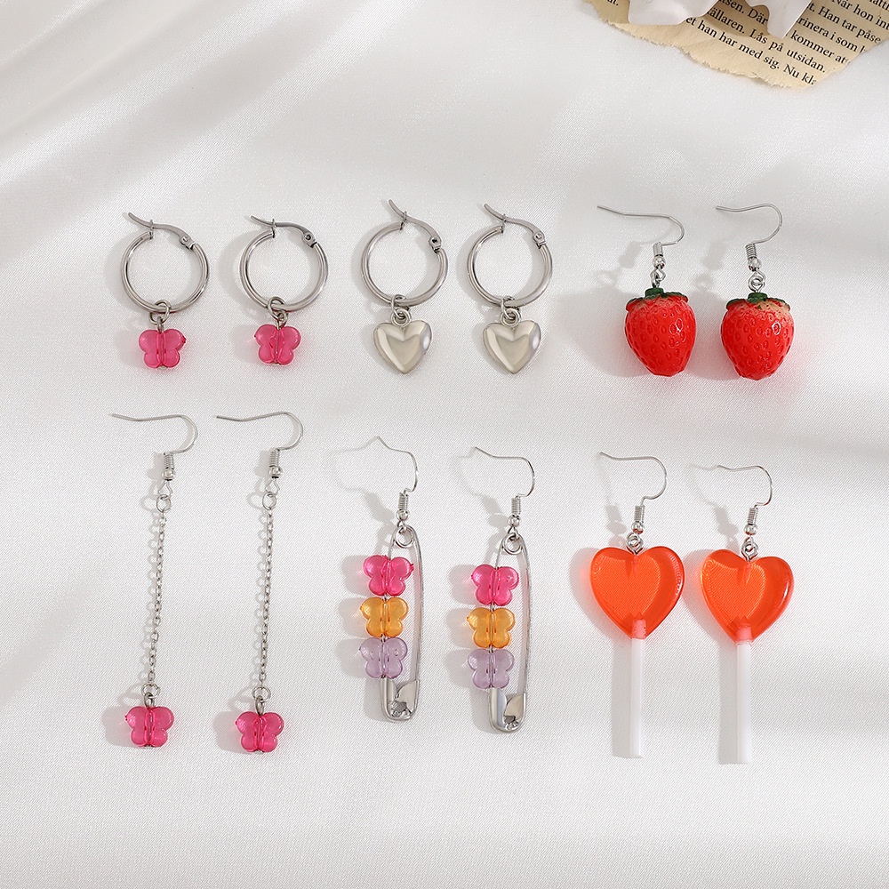 12 Pcs / Set Anting Bentuk Hati Butterfly Strawberry Warna-Warni Bahan Resin Untuk Wanita