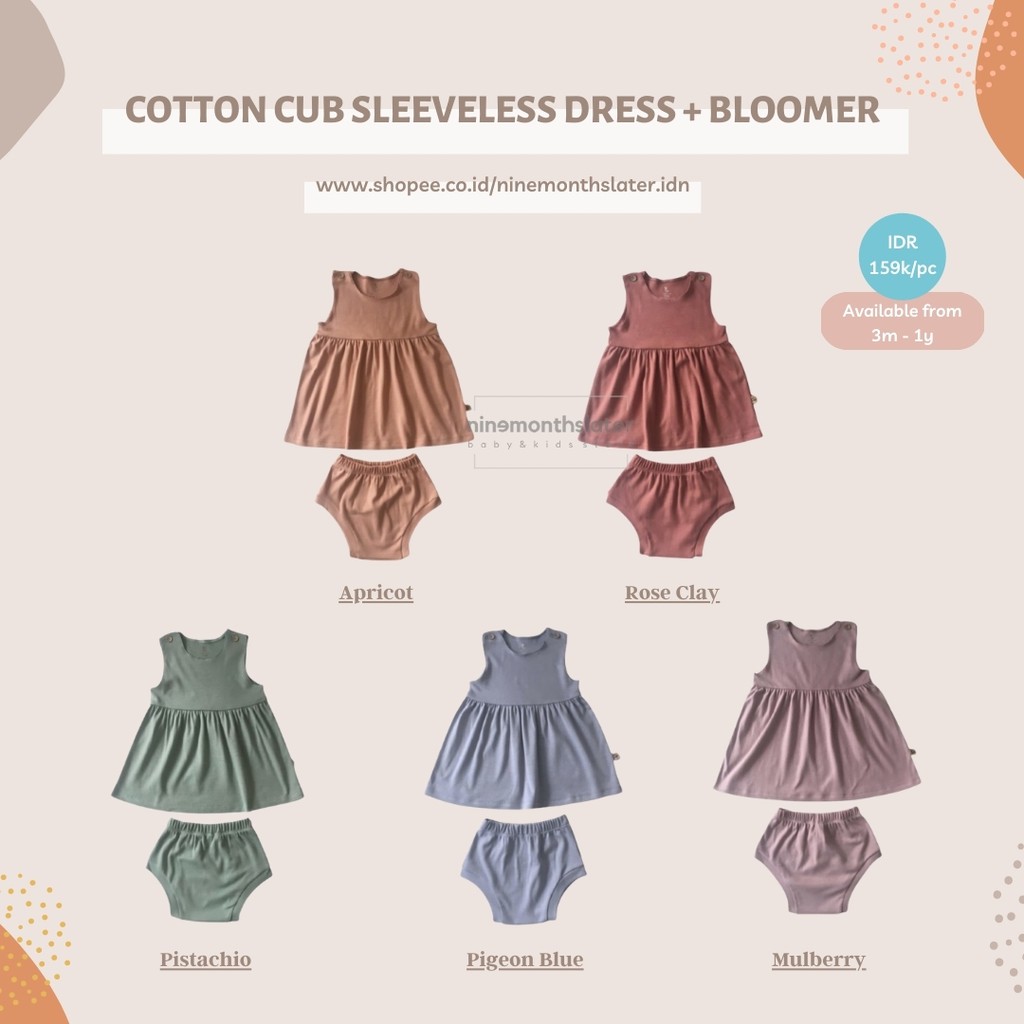 Cotton Cub Sleeveless Dress + Bloomer - Baju Santai Anak Bayi Balita Cewe Lucu Organik Netral