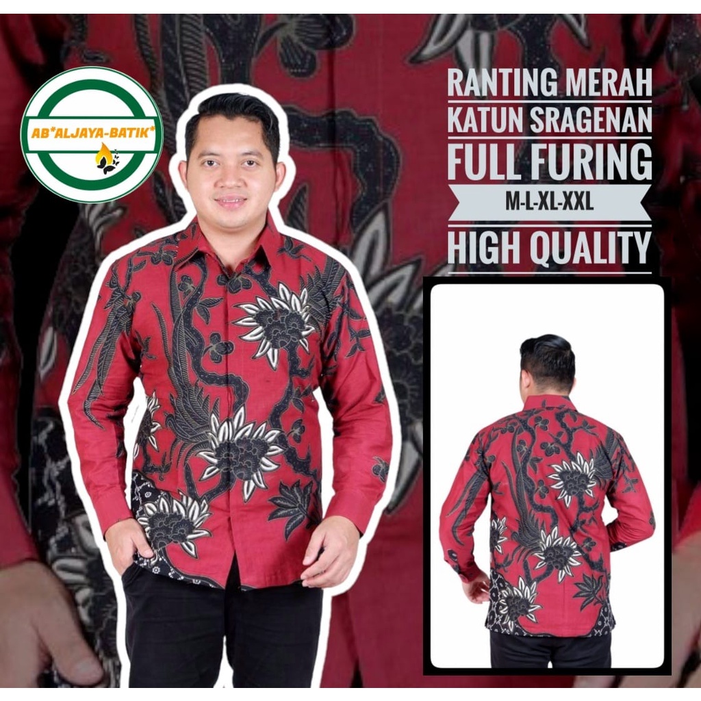 RANTING MERAH  Kemeja Batik Pria Premum Full Furing Warna MERAH Katun Halus Primisima Asli Batik solo