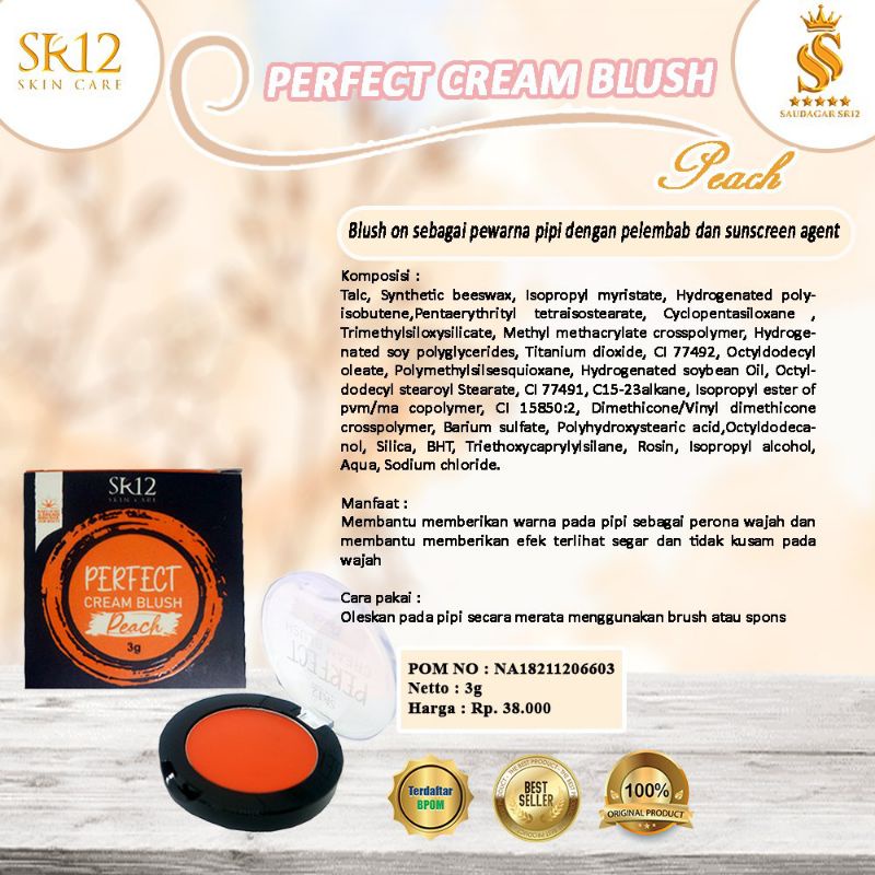 PERFECT CREAM BRUSH PEACH SR12 / Perfect Cream Blush PINK SR12 HERBAL SKINCARE  / BLUSH ON SR12 / BLAS ON SR12