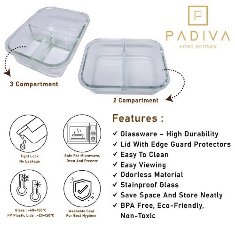 Padiva 1040ml (2pcs) Glassbox ( 1 &amp; Mix 2+3Compartment)