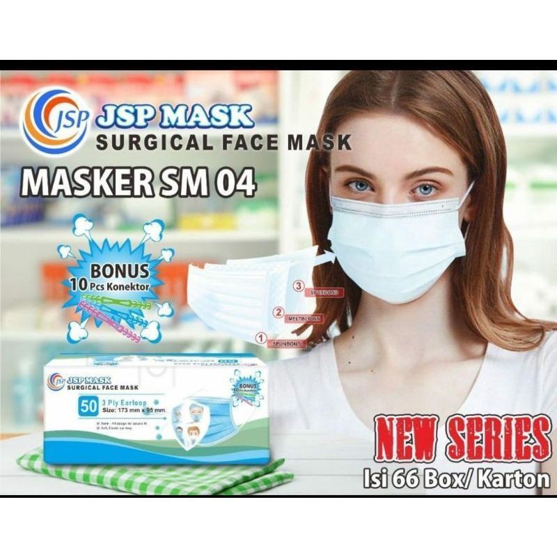 MASKER 3PLY JSP SM 04 EARLOOP (free konector) MEDIS KEMENKES SURGICAL MEDICAL ORIGINAL BOX 50