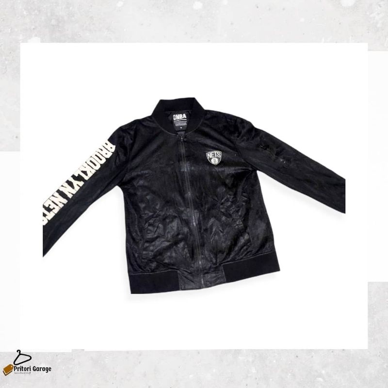 Jual Bomber Jacket Jaket NBA Brooklyn Nets Zipper Mesh All Black