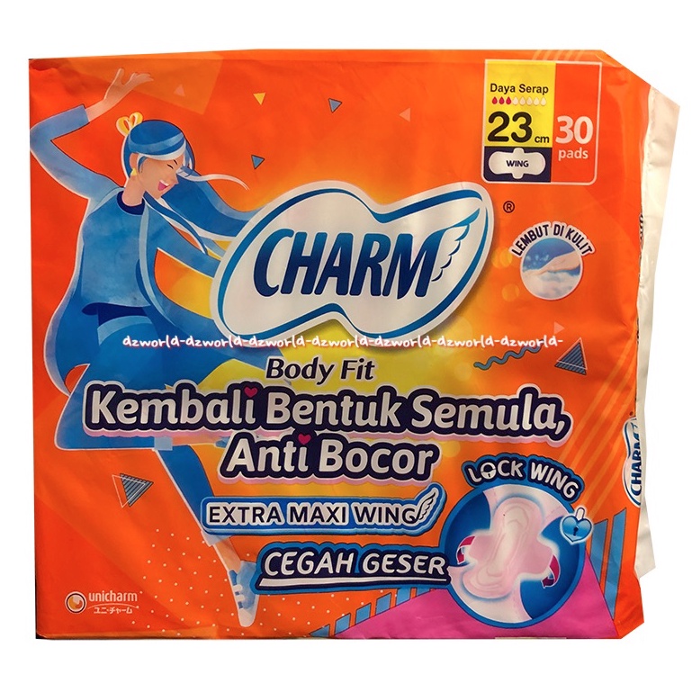 Charm Body Fit 23cm 30pads Extra Maxi Wing Pembalut Wanita Kembali Bentuk Semula Anti Kerut Charms Orange Bodyfit