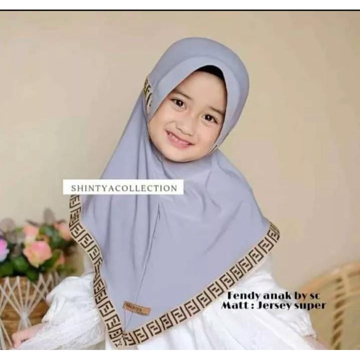 kerudung instan jersey bergo anak perempuan fendi umur 3-8 tahun bahan jersey hyget jumbo motif list tali serut ped antem terbaru