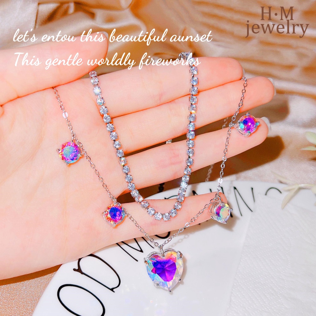 Set Kalung Dan Anting Rumbai Bentuk Hati Model Lapis Ganda